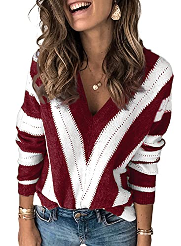 Uusollecy Pullover Damen V-Ausschnitt Gestreifter Strickpullover, Casual Herbst Winter Sweatshirt Oberteil Tops Rot XL von Uusollecy