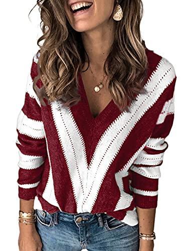 Uusollecy Pullover Damen V-Ausschnitt Gestreifter Strickpullover, Casual Herbst Winter Sweatshirt Oberteil Tops Rot XXL von Uusollecy