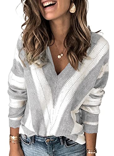 Uusollecy Pullover Damen V-Ausschnitt Gestreifter Strickpullover, Casual Herbst Winter Sweatshirt Oberteil Tops Grau XL von Uusollecy