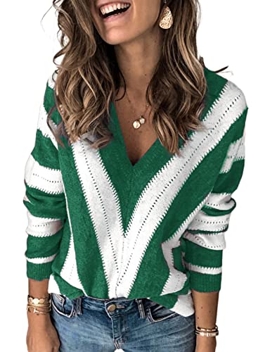 Uusollecy Pullover Damen V-Ausschnitt Gestreifter Strickpullover, Casual Herbst Winter Sweatshirt Oberteil Tops Grün XXL von Uusollecy