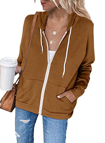 Uusollecy Sweatjacke Damen, Langarm Full Zip Hoodie Sweatshirt, Casual Loose Einfarbig Kapuzenjacke, Reissverschluss Kapuzenpullover Sweatshirtjacke mit Kapuze Braun S von Uusollecy