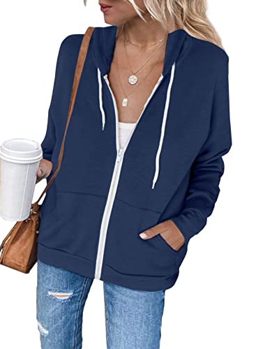 Uusollecy Sweatjacke Damen, Langarm Full Zip Hoodie Sweatshirt, Casual Loose Einfarbig Kapuzenjacke, Reissverschluss Kapuzenpullover Sweatshirt mit Kapuze Marineblau L von Uusollecy