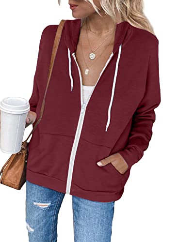 Uusollecy Sweatjacke Damen, Langarm Full Zip Hoodie Sweatshirt, Casual Loose Einfarbig Kapuzenjacke, Reissverschluss Kapuzenpullover Sweatshirt mit Kapuze Rot L von Uusollecy