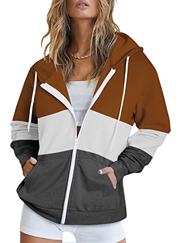 Uusollecy Sweatjacke Damen Full Zip Farbblock Hoodie Sweatshirt, Casual Loose Langarm Kapuzenpullover, Gestreifte Reissverschluss Sweatshirt Tops Oberteile mit Kapuze Braun S von Uusollecy