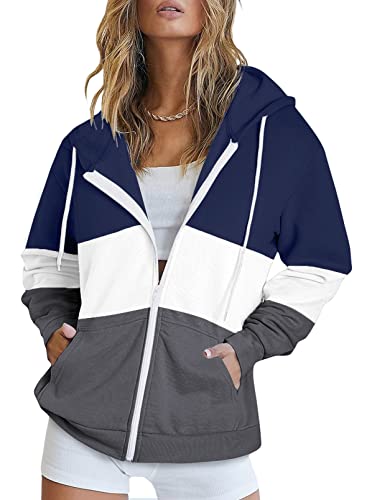 Uusollecy Sweatjacke Damen Full Zip Farbblock Hoodie Sweatshirt, Casual Loose Langarm Kapuzenpullover, Gestreifte Reissverschluss Sweatshirt Tops Oberteile mit Kapuze Marineblau S von Uusollecy