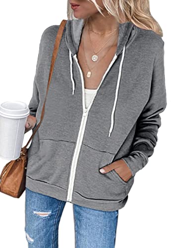 Uusollecy Damen Sweatjacke Hoodie Sweatshirtjacke Pullover Oberteile Kapuzenpullover Einfarbig Full Zip Casual Hoodie Sweatshirt A-grau M von Uusollecy