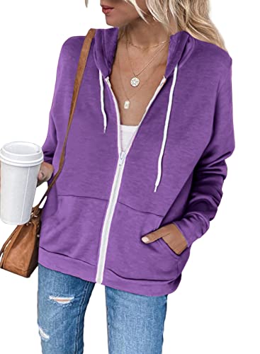 Uusollecy Damen Sweatjacke Hoodie Sweatshirtjacke Pullover Oberteile Kapuzenpullover Einfarbig Full Zip Casual Hoodie Sweatshirt A-violett XXL von Uusollecy