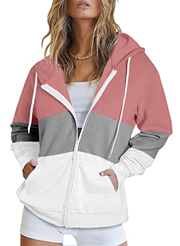 Uusollecy Damen Sweatjacke Hoodie Sweatshirtjacke Pullover Oberteile Kapuzenpullover Einfarbig Full Zip Casual Hoodie Sweatshirt B-rosa M von Uusollecy