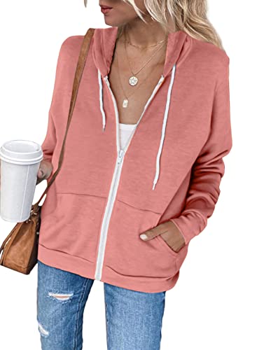 Uusollecy Damen Sweatjacke Hoodie Sweatshirtjacke Pullover Oberteile Kapuzenpullover Einfarbig Full Zip Casual Hoodie Sweatshirt A-rosa S von Uusollecy