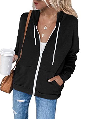 Uusollecy Damen Sweatjacke Hoodie Sweatshirtjacke Pullover Oberteile Kapuzenpullover Einfarbig Full Zip Casual Hoodie Sweatshirt A-schwarz M von Uusollecy