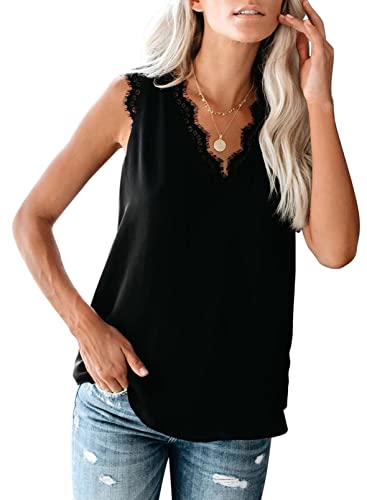 Uusollecy Damen Tank Top Sommer Ärmellose Chiffon Blusentop Spitzen V-Ausschnitt Weste Top Casual Shirt Tops Bluse Oberteile von Uusollecy