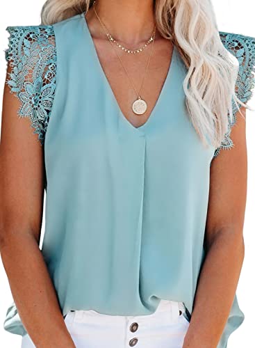 Uusollecy Damen Tank Top Sommer Ärmellose Chiffon Blusentop Spitzen V-Ausschnitt Weste Top Casual Shirt Tops Bluse von Uusollecy