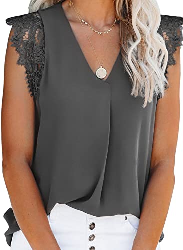 Uusollecy Damen Tank Top Sommer Ärmellose Chiffon Blusentop Spitzen V-Ausschnitt Weste Top Casual Shirt Tops Bluse von Uusollecy