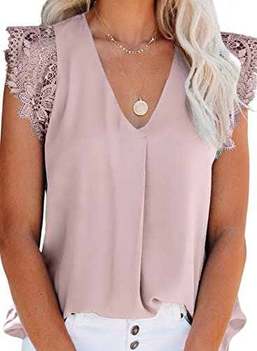 Uusollecy Damen Tank Top Sommer Ärmellose Chiffon Blusentop Spitzen V-Ausschnitt Weste Top Casual Shirt Tops Bluse von Uusollecy