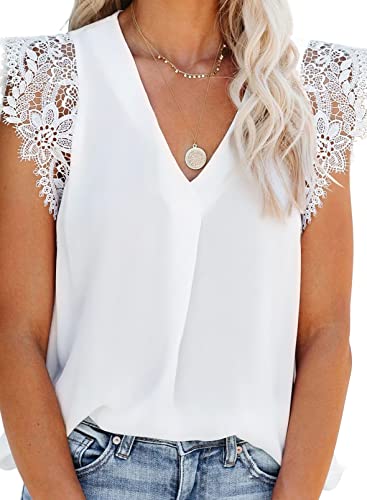 Uusollecy Damen Tank Top Sommer Ärmellose Chiffon Blusentop Spitzen V-Ausschnitt Weste Top Casual Shirt Tops Bluse von Uusollecy