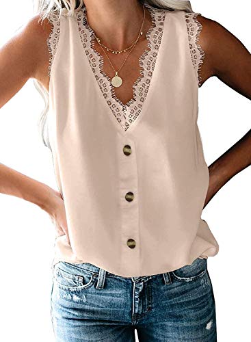 Uusollecy Damen Top Ärmellose Chiffon Sommer Blusentop Tank Top Spitzen V-Ausschnitt Weste Top Button Down Casual Shirt Bluse Oberteile von Uusollecy