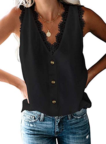 Uusollecy Damen Top Ärmellose Chiffon Sommer Blusentop Tank Top Spitzen V-Ausschnitt Weste Top Button Down Casual Shirt Bluse Oberteile von Uusollecy