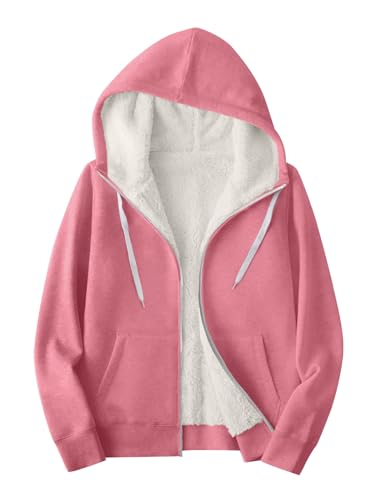 Uusollecy Hoodie Damen Fleecefutter Sweatjacke mit Kapuze, Einfarbig Warm Gefüttert Kapuzenjacke, Winter Sweatshirt Jacke mit Reißverschluss Rosa S von Uusollecy