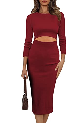 Uusollecy Langarm Kleid Damen Figurbetontes Cut Out Knielang Kleider, Rundhals Einfarbig Midikleider Rot XL von Uusollecy