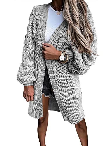 Uusollecy Strickjacke Damen Langarm Open Front, Einfarbige Lange Cardigan mit Puffärmel Grau S von Uusollecy