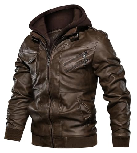 Uusollecy Lederjacke Herren, Abnehmbare Kapuze Kunstleder Jacket, Mit Kapuze Braun XL von Uusollecy