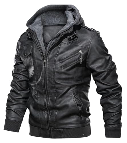 Uusollecy Lederjacke Herren, Kunstlederjacke Mit Abnehmbare Kapuze Schwarz M von Uusollecy