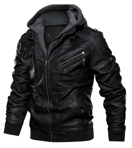 Uusollecy Lederjacke Herren, Kunstlederjacke Mit Abnehmbare Kapuze Schwarz XL von Uusollecy
