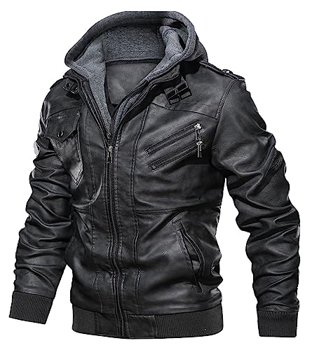 Uusollecy Lederjacke Herren Kunstlederjacke Mit Abnehmbare Kapuze, Dunkelgrau L von Uusollecy