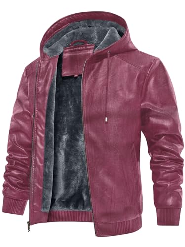 Uusollecy Lederjacke Herren Warm Gefüttert Kunstlederjacke Mit Kapuze, Winddicht Outdoor Motorradjacke Mit Reißverschluss, Rot XXL von Uusollecy