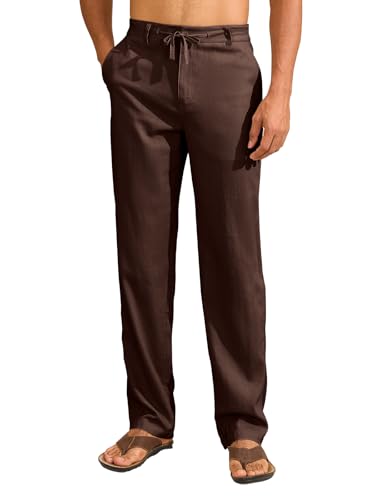 Uusollecy Leinenhose Herren Leichte Sommerhose Lang mit Kordelzug Herren Sommer Leinen Hose Freizeithose mit Taschen für Männe Dunkelbraun 30Wx38L von Uusollecy
