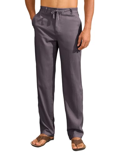 Uusollecy Leinenhose Herren Leichte Sommerhose Lang mit Kordelzug Herren Sommer Leinen Hose Freizeithose mit Taschen für Männe Dunkelgrau 32Wx30L von Uusollecy