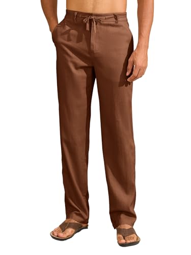 Uusollecy Leinenhose Herren Leichte Sommerhose Lang mit Kordelzug Herren Sommer Leinen Hose Freizeithose mit Taschen für Männe Dunkles Khaki 32Wx38L von Uusollecy