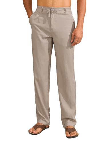 Uusollecy Leinenhose Herren Leichte Sommerhose Lang mit Kordelzug Herren Sommer Leinen Hose Freizeithose mit Taschen für Männe Khaki 32Wx30L von Uusollecy