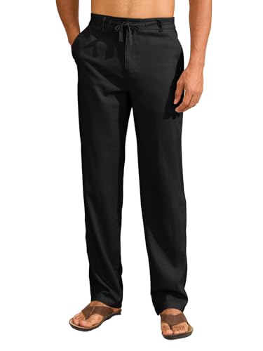 Uusollecy Leinenhose Herren Leichte Sommerhose Lang mit Kordelzug Herren Sommer Leinen Hose Freizeithose mit Taschen für Männe Schwarz 32Wx40L von Uusollecy