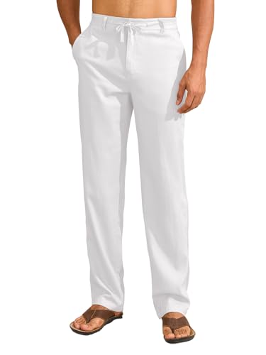 Uusollecy Leinenhose Herren Leichte Sommerhose Lang mit Kordelzug Herren Sommer Leinen Hose Freizeithose mit Taschen für Männe Weiß 32Wx40L von Uusollecy