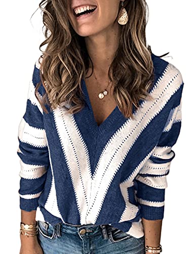 Uusollecy Pullover Damen V-Ausschnitt Strickpullover, Casual Loose Herbst Winter Gestreift Pulli Tops Blau L von Uusollecy