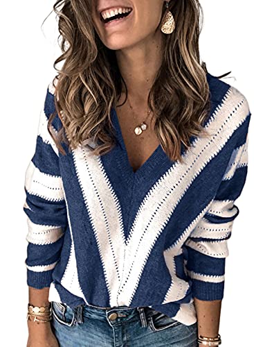 Uusollecy Pullover Damen V-Ausschnitt Strickpullover, Casual Loose Herbst Winter Gestreift Pulli Tops Blau XL von Uusollecy