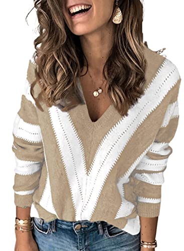 Uusollecy Pullover Damen V-Ausschnitt Strickpullover, Casual Loose Herbst Winter Gestreift Pulli Tops Khaki XL von Uusollecy