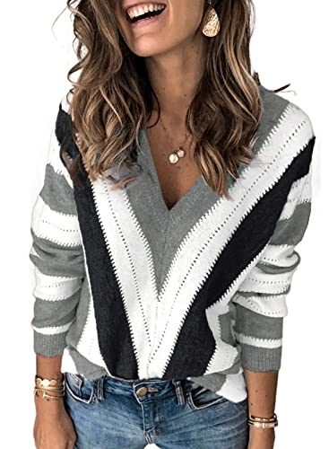 Uusollecy Pullover Damen V-Ausschnitt Strickpullover, Casual Loose Herbst Winter Gestreift Pulli Tops Dunkelgrau XXL von Uusollecy