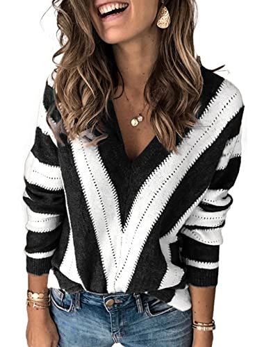 Uusollecy Pullover Damen V-Ausschnitt Strickpullover, Casual Loose Herbst Winter Gestreift Pulli Tops Schwarz L von Uusollecy