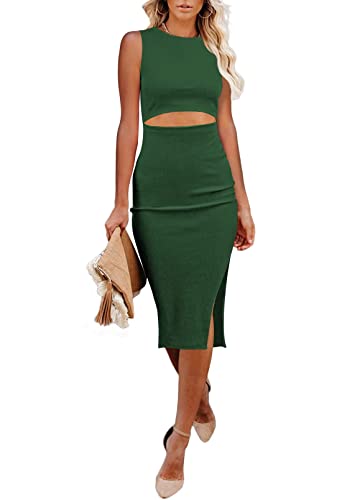 Uusollecy Sommerkleid Damen Cut Out Kleid mit Schlitz Bodycon Elegant Ärmellos Rundhals Knielang Kleider, Einfarbig Figurbetontes Midikleider Grün L von Uusollecy