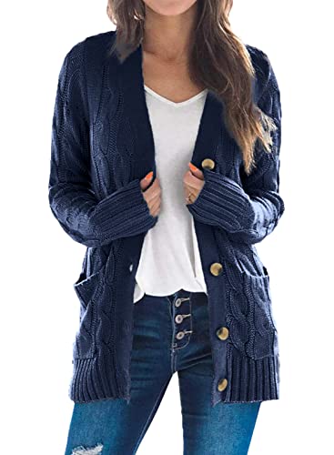 Uusollecy Strickjacke Damen Button Down Open Front Strickpullover, Einfarbig Langarm Grobstrick Cardigan, Herbst Winter Strickcardigan mit Tasche Blau S von Uusollecy