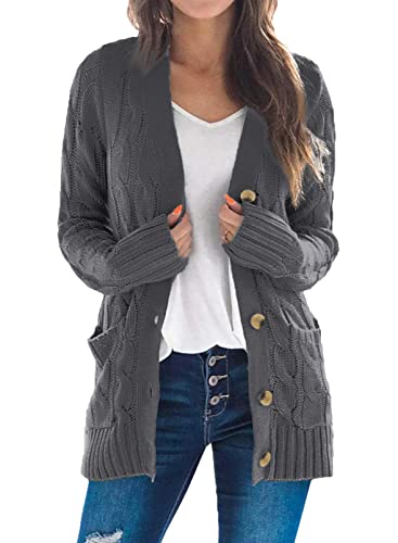 Uusollecy Strickjacke Damen Button Down Open Front Strickpullover, Einfarbig Langarm Grobstrick Cardigan, Herbst Winter Strickcardigan mit Tasche Grau S von Uusollecy