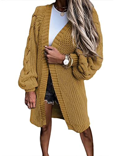 Uusollecy Strickjacke Damen Einfarbige Grobstrick Lang Strickmantel, Herbst Winter Langarm Strickcardigan, Casual Open Front Strickpullover Sweater Cardigan mit Puffärmel Gelb L von Uusollecy