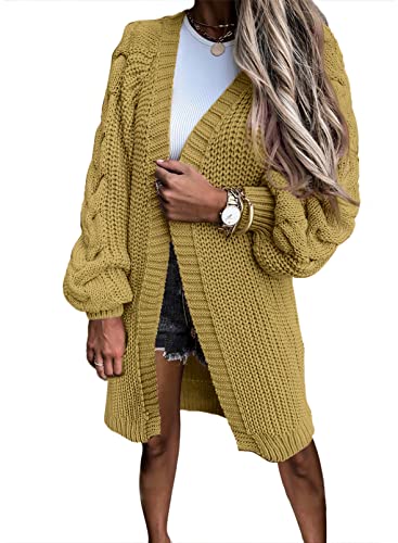 Uusollecy Strickjacke Damen, Einfarbige Grobstrick Lang Strickmantel, Herbst Winter Langarm Strickcardigan, Casual Open Front Strickpullover Sweater Cardigan mit Puffärmel Grün XL von Uusollecy