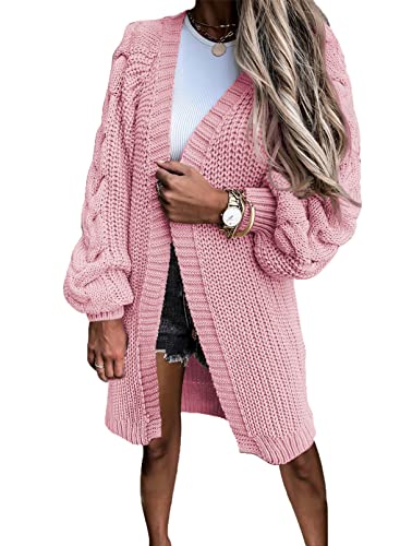 Uusollecy Strickjacke Damen, Einfarbige Grobstrick Lang Strickmantel, Herbst Winter Langarm Strickcardigan, Casual Open Front Strickpullover Sweater Cardigan mit Puffärmel Rosa L von Uusollecy