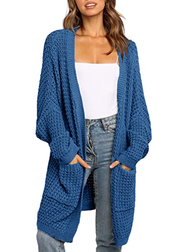 Uusollecy Strickjacke Damen Lang Open Front Cardigan, Casual Loose Langarm Strickcardigan mit Tasche Blau S von Uusollecy