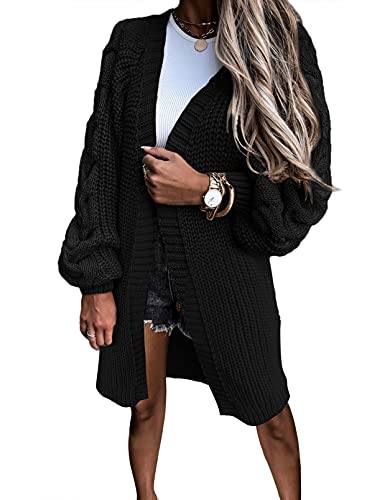 Uusollecy Strickjacke Damen, Einfarbige Grobstrick Strickcardigan Langarm Cardigan, Casual Loose Lang Open Front Strickpullover mit Puffärmel Schwarz XXL von Uusollecy