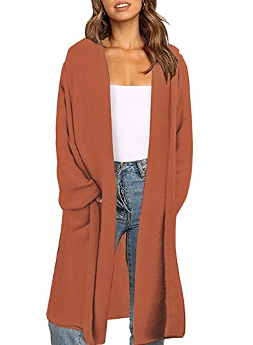 Uusollecy Strickjacke Damen Einfarbige Kapuzen Strickcardigan, Damen Herbst Winter Lang Strickmantel, Casual Langarm Open Front Strickpullover Cardigan mit Tasche Braun S von Uusollecy