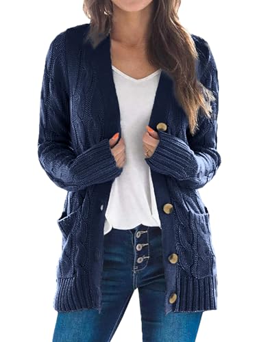 Uusollecy Strickjacke Damen Button Down Open Front Strickpullover, Einfarbig Langarm Grobstrick Cardigan, Herbst Winter Strickcardigan mit Tasche Blau XL von Uusollecy